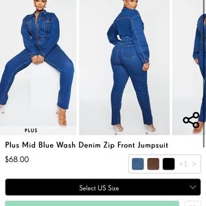 Plus Mid Blue Wash Denim Zip Front Jumpsuit